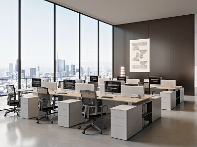 Modern Public Office Space With Large Windows City View Office Desks Chairs And Multiple Computers 3d model