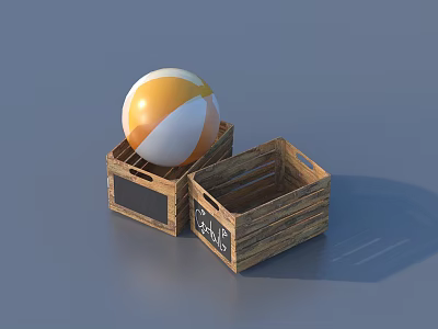 Stylish Household Items With Orange White Beach Ball And Wooden Crates 3d model