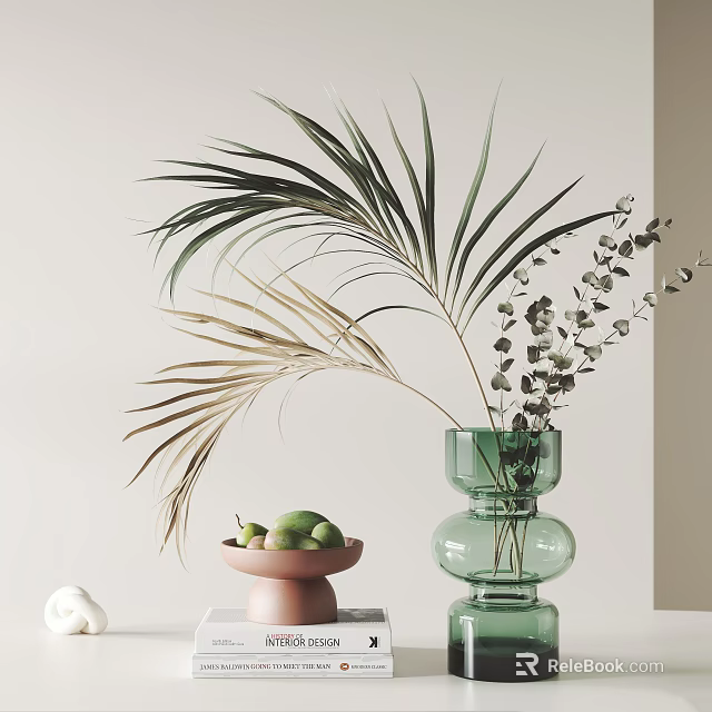 Elegant Decorative Ornament Set With Green Glass Vase Palm Leaves And Pink Fruit Bowl 3d model 