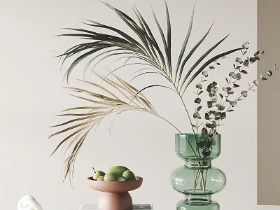 Elegant Decorative Ornament Set With Green Glass Vase Palm Leaves And Pink Fruit Bowl 3d model
