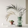 Elegant Decorative Ornament Set With Green Glass Vase Palm Leaves And Pink Fruit Bowl