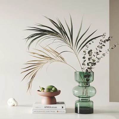 Elegant Decorative Ornament Set With Green Glass Vase Palm Leaves And Pink Fruit Bowl 3d model