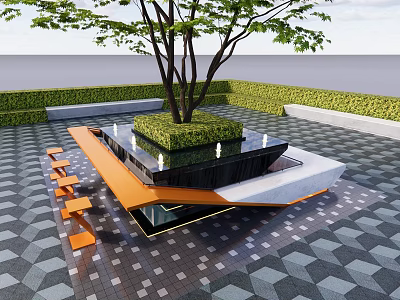 Modern Tree Pit Design With Lush Tree Green Hedge And Geometric Paving 3d model