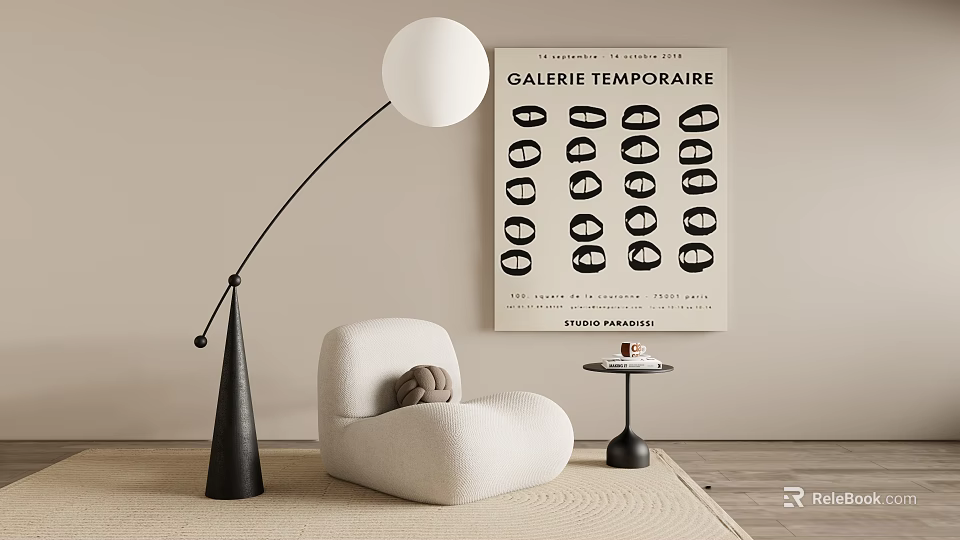 Modern White Single Sofa With Black Floor Lamp Small Round Table And Circular Pattern Poster 3d model