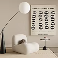 Modern White Single Sofa With Black Floor Lamp Small Round Table And Circular Pattern Poster 3d model