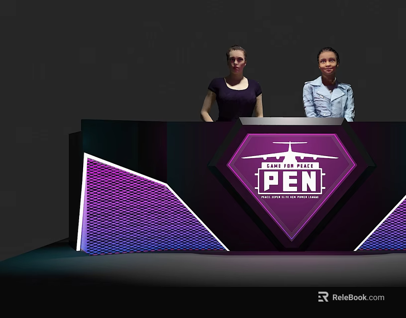 Modern Reception Desk With Purple Diamond Logo PEN Sign Staff Behind Illuminated Counter 3d model 