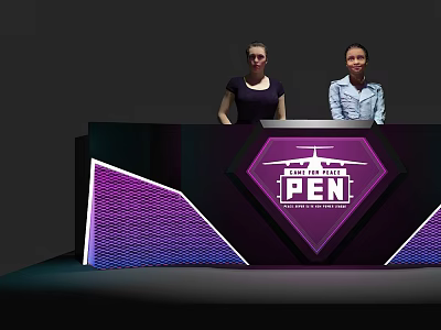 Modern Reception Desk With Purple Diamond Logo PEN Sign Staff Behind Illuminated Counter 3d model
