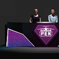 Modern Reception Desk With Purple Diamond Logo PEN Sign Staff Behind Illuminated Counter