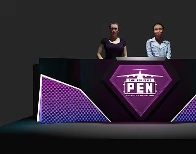 Modern Reception Desk With Purple Diamond Logo PEN Sign Staff Behind Illuminated Counter 3d model
