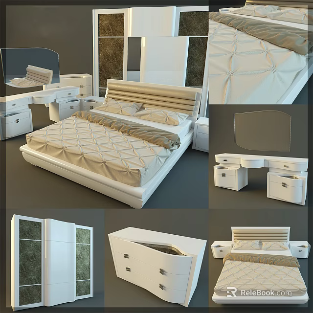 Modern Double Bed Interior Design With White Bedframe Nightstands And Dressing Table 3d model 