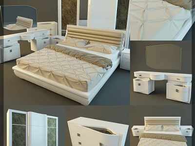 Modern Double Bed Interior Design With White Bedframe Nightstands And Dressing Table 3d model