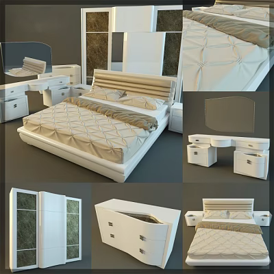Modern Double Bed Interior Design With White Bedframe Nightstands And Dressing Table 3d model