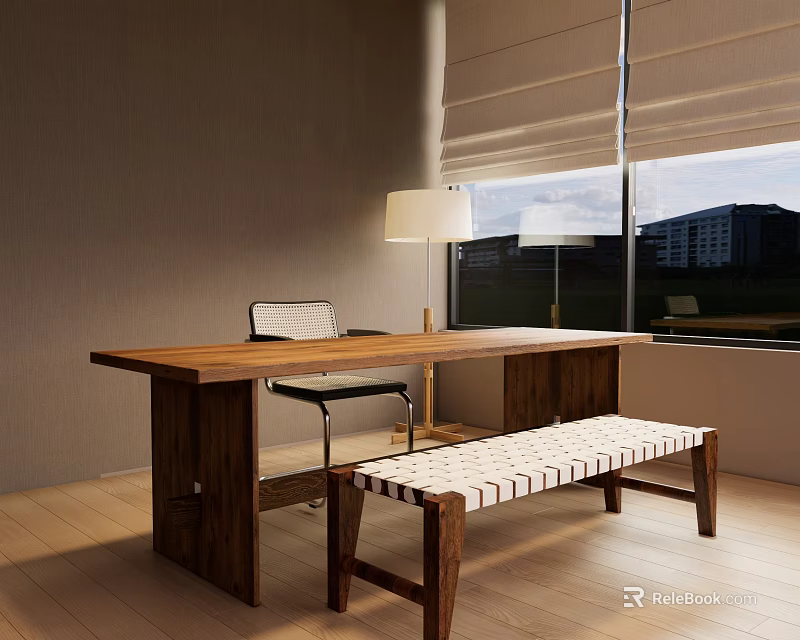 Wooden Dining Table Set with Chair and White Cushioned Bench by Window with Blinds 3d model 