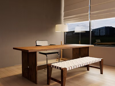 Wooden Dining Table Set with Chair and White Cushioned Bench by Window with Blinds 3d model