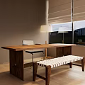 Wooden Dining Table Set with Chair and White Cushioned Bench by Window with Blinds