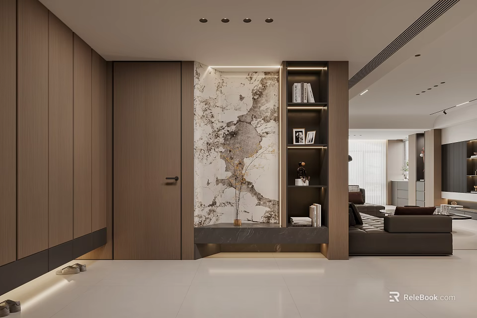 Modern Entryway Hallway Design With Wooden Cabinets Marble Accent Wall And Display Shelves 3d model 