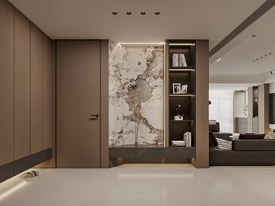Modern Entryway Hallway Design With Wooden Cabinets Marble Accent Wall And Display Shelves 3d model