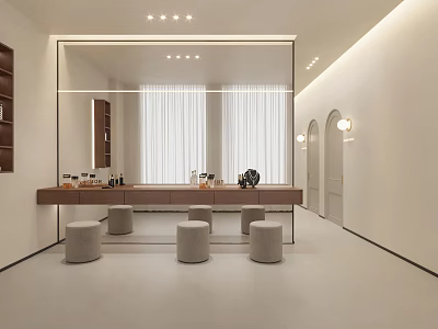 Modern Minimalist Wall Mounted Dressing Table With Oversized Full Length Mirror And Comfortable Round Stools 3d model