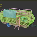 Vintage Brown Trailer With Red Stripes Roof Rack Ladder Wooden Door Black Windows White Wheels