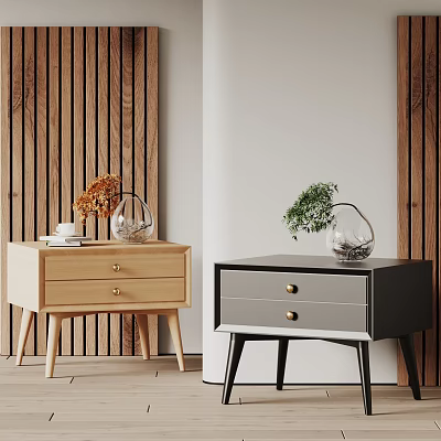Light Wooden And Gray Bedside Tables With Drawers Decorative Items And Plants In Bedroom 3d model