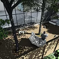 Garden Landscape Design With Wooden Deck Outdoor Dining Table Green Plant Wall And Flower Boxes