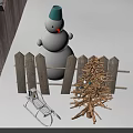 Adorable Snowman With Blue Hat Next To Wooden Fence Small Christmas Tree And Sled