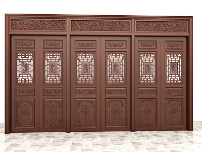 Traditional Dark Wooden Doors with Intricate Carved Patterns and Panels 3d model