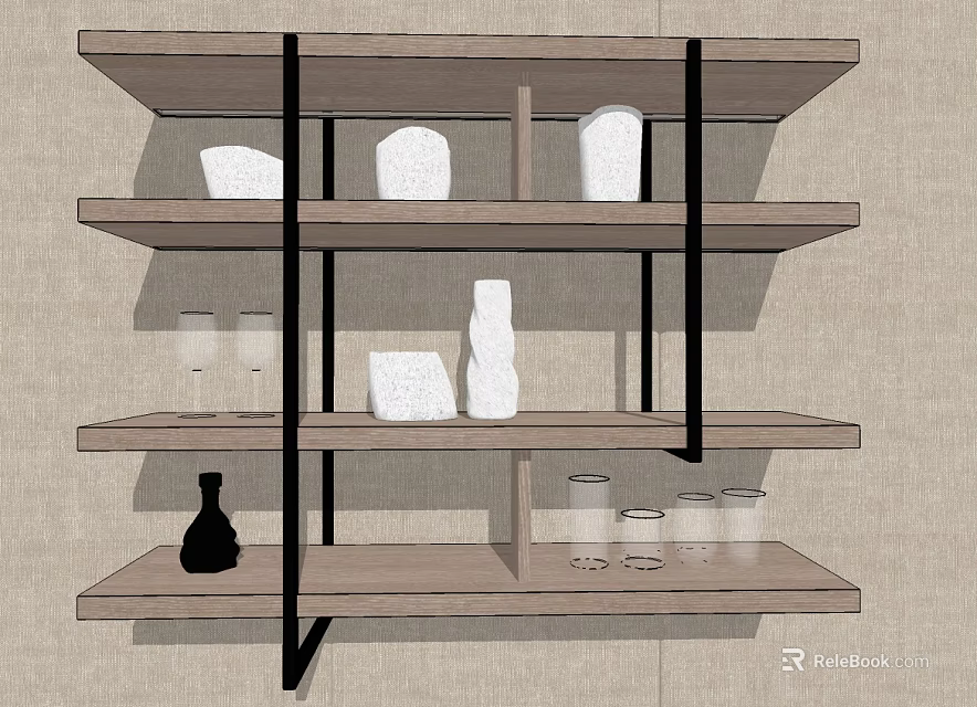 Modern Wall Mounted Wooden Shelves with Black Metal Brackets and Decorative Items 3d model 