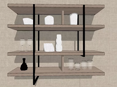 Modern Wall Mounted Wooden Shelves with Black Metal Brackets and Decorative Items 3d model