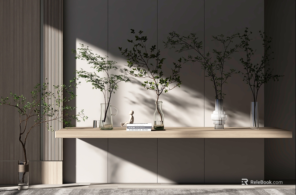 Modern Interior With Wooden Shelf Vases And Green Branches In Light Shadow 3d model 
