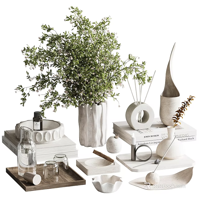 Modern Ornamental Decor Set With Green Plants Vase Diffuser Books And Ceramic Decorative Items 3d model 