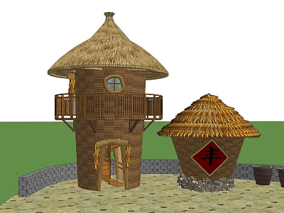 Traditional Thatched Roof Buildings With Balcony Stone Wall And Red Feng Character Sign 3d model