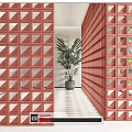 Red Geometric Partition Design For Modern Interior Space With Potted Plant 3d model