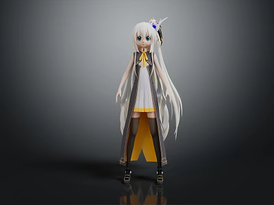 Game Movie Character with Long White Hair White Top Yellow Skirt Black Yellow Coat Headwear 3d model