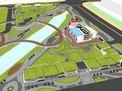 Park Landscape Design With Winding Pathways Green Lawns River Bridges Solar Panels And Circular Plazas 3d model