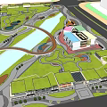 Park Landscape Design With Winding Pathways Green Lawns River Bridges Solar Panels And Circular Plazas