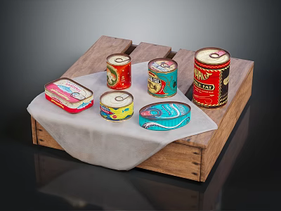 Assorted Canned Food Items Arranged on Wooden Tray with White Cloth 3d model