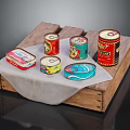 Assorted Canned Food Items Arranged on Wooden Tray with White Cloth
