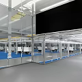 Modern Public Office Space With Glass Partitions Blue Flooring White Furniture And Ceiling Lighting