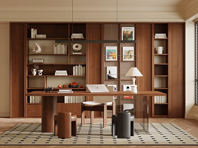 Modern Study Room Interior With Wooden Bookshelves Writing Desk And Decorations 3d model