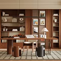 Modern Study Room Interior With Wooden Bookshelves Writing Desk And Decorations