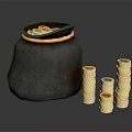 Brown Leather Pouch With Gold Coins And Stacked Coin Piles