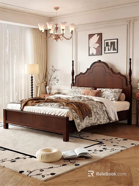 Traditional Dark Wooden Double Bed With Carved Headboard Four Poster Design Patterned Bedspread Pillows Nightstand 3d model 