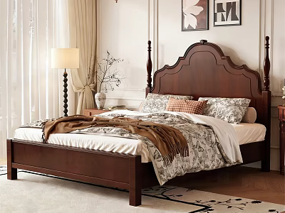 Traditional Dark Wooden Double Bed With Carved Headboard Four Poster Design Patterned Bedspread Pillows Nightstand 3d model