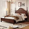 Traditional Dark Wooden Double Bed With Carved Headboard Four Poster Design Patterned Bedspread Pillows Nightstand