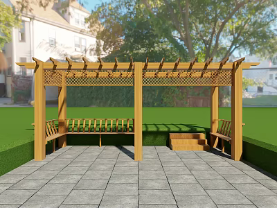 Wooden Pergola With Benches In Garden Featuring Stone Paved Floor And Green Lawn 3d model