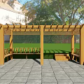 Wooden Pergola With Benches In Garden Featuring Stone Paved Floor And Green Lawn