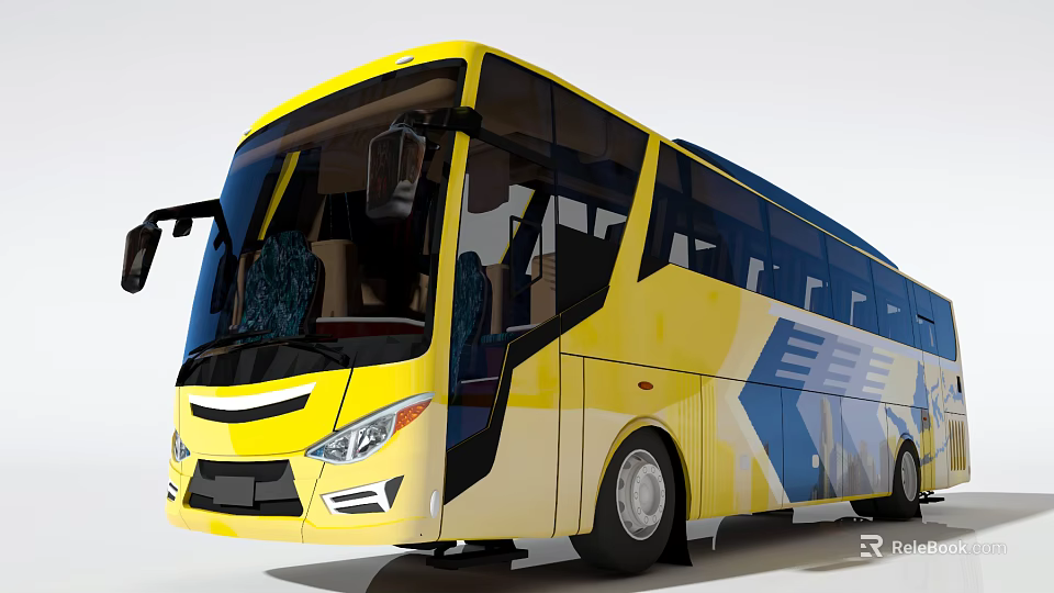Yellow And Blue Modern Bus With Large Windows And Interior Seats 3d model 