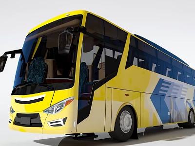 Yellow And Blue Modern Bus With Large Windows And Interior Seats 3d model