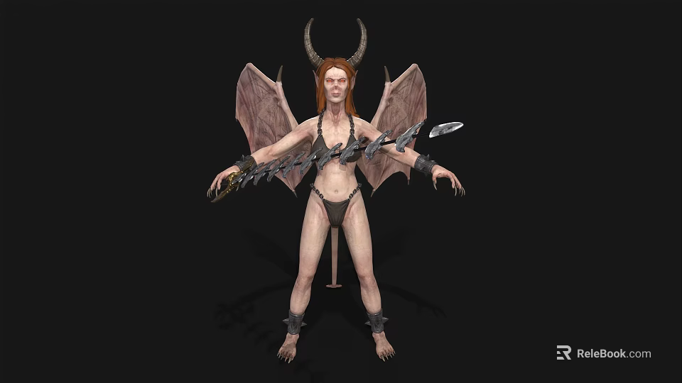 Red Haired Fantasy Game Character With Horns Bat Wings Bikini Outfit And Arm Restraints 3d model 